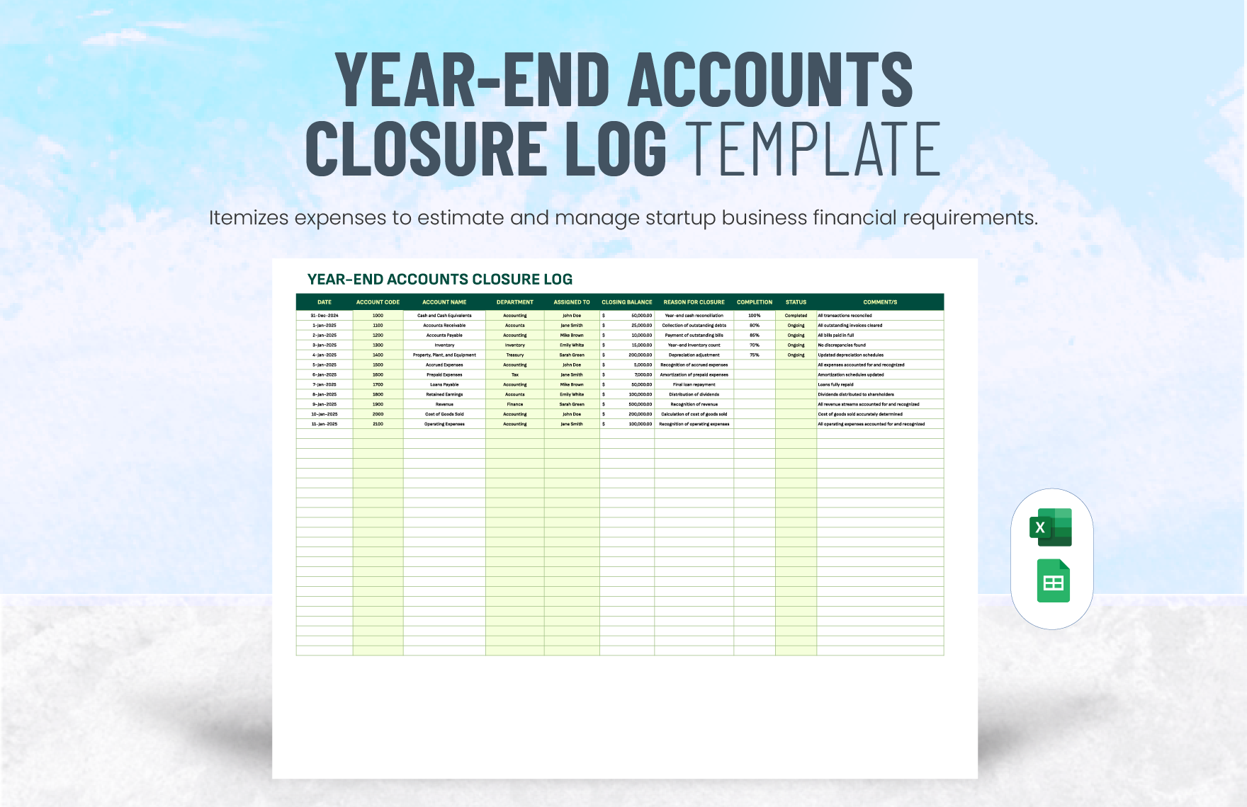 Year-End Accounts Closure Log Template in Excel, Google Sheets
