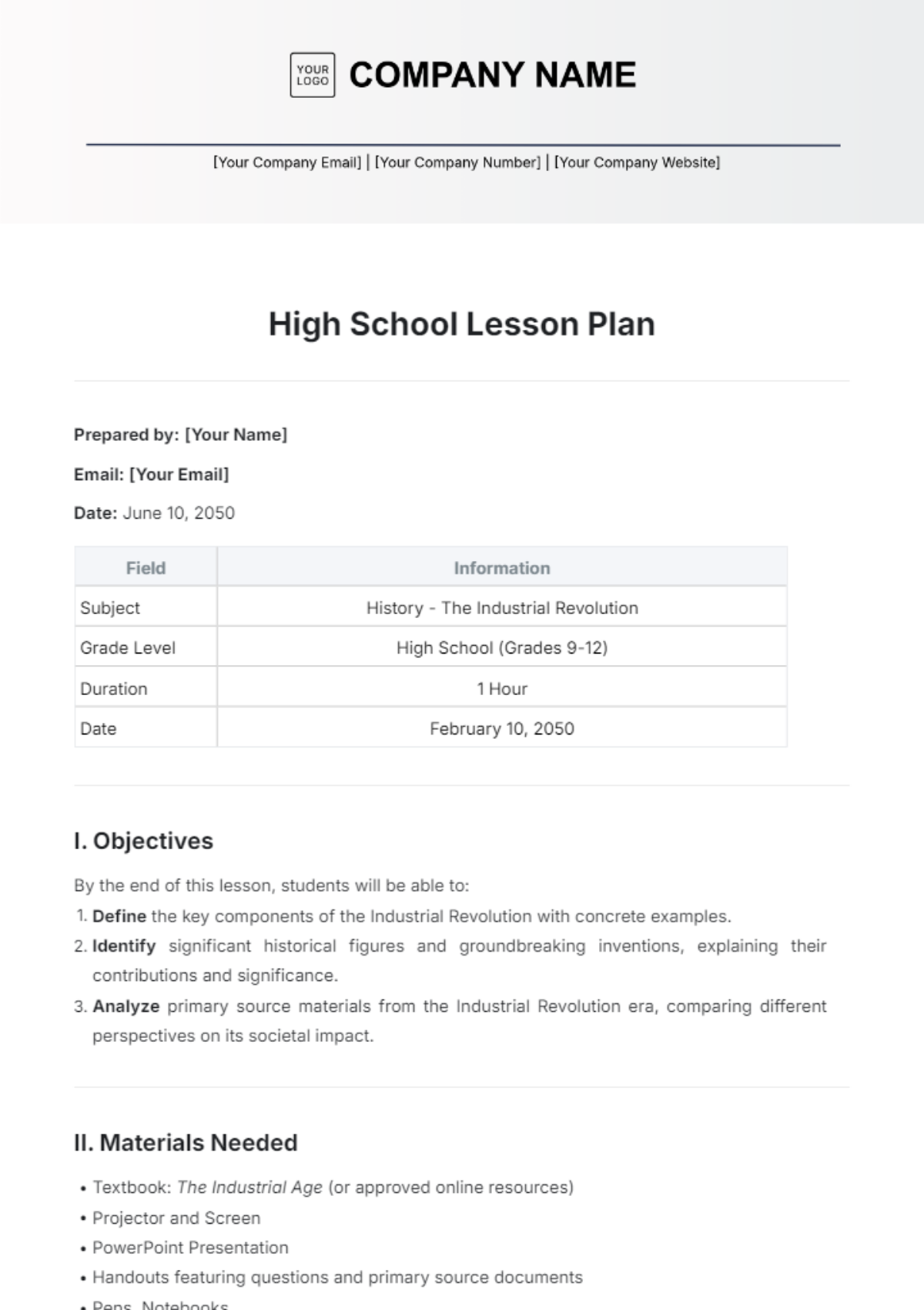 High School Lesson Plan Template - Edit Online & Download