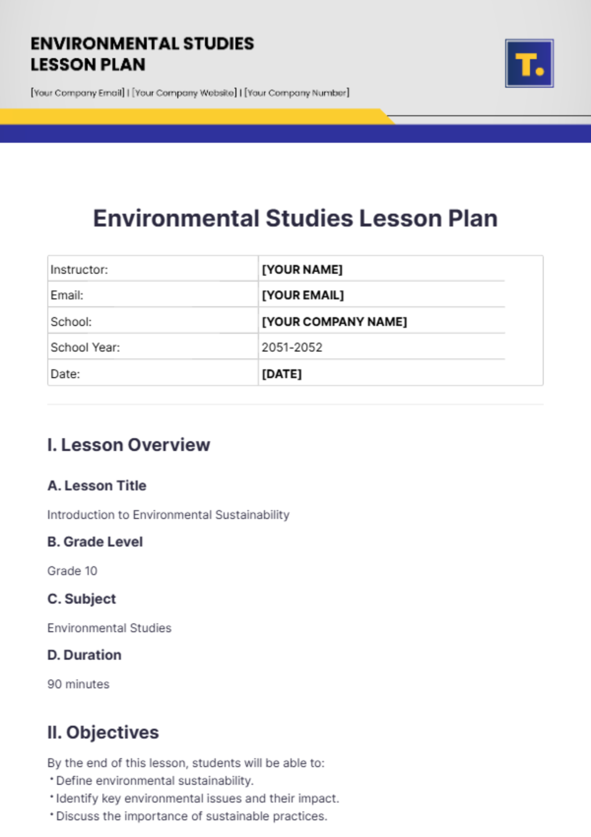 Environmental Studies Lesson Plan Template - Edit Online & Download