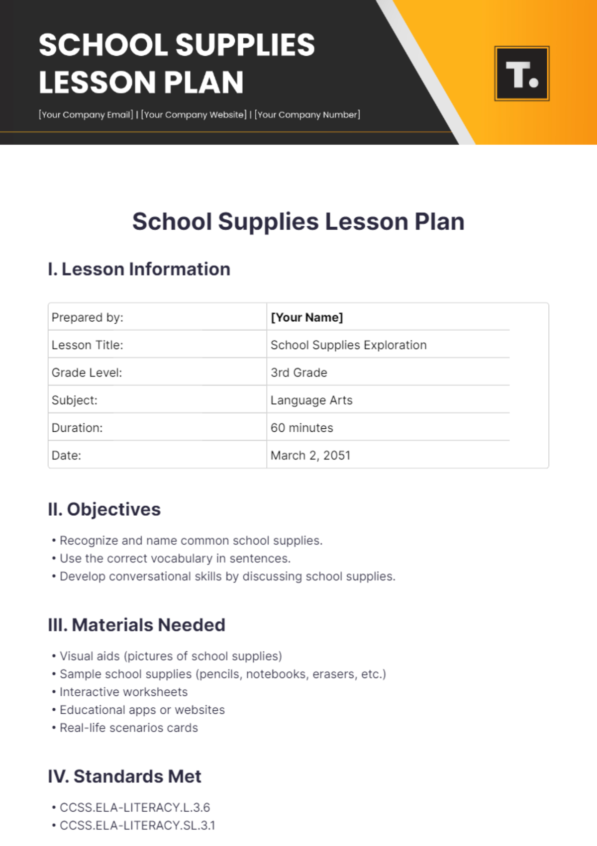 School Supplies Lesson Plan Template - Edit Online & Download