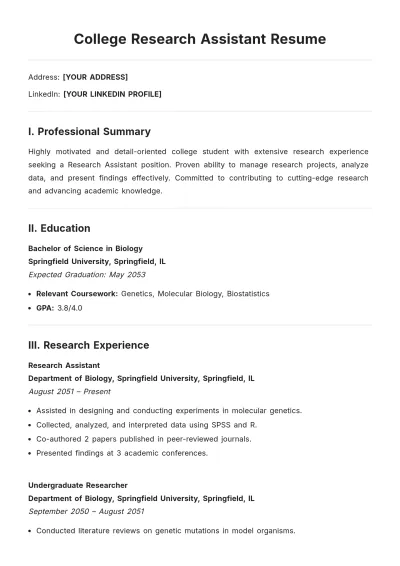 Free College Research Assistant ATS Resume Template, AI Resume Builder