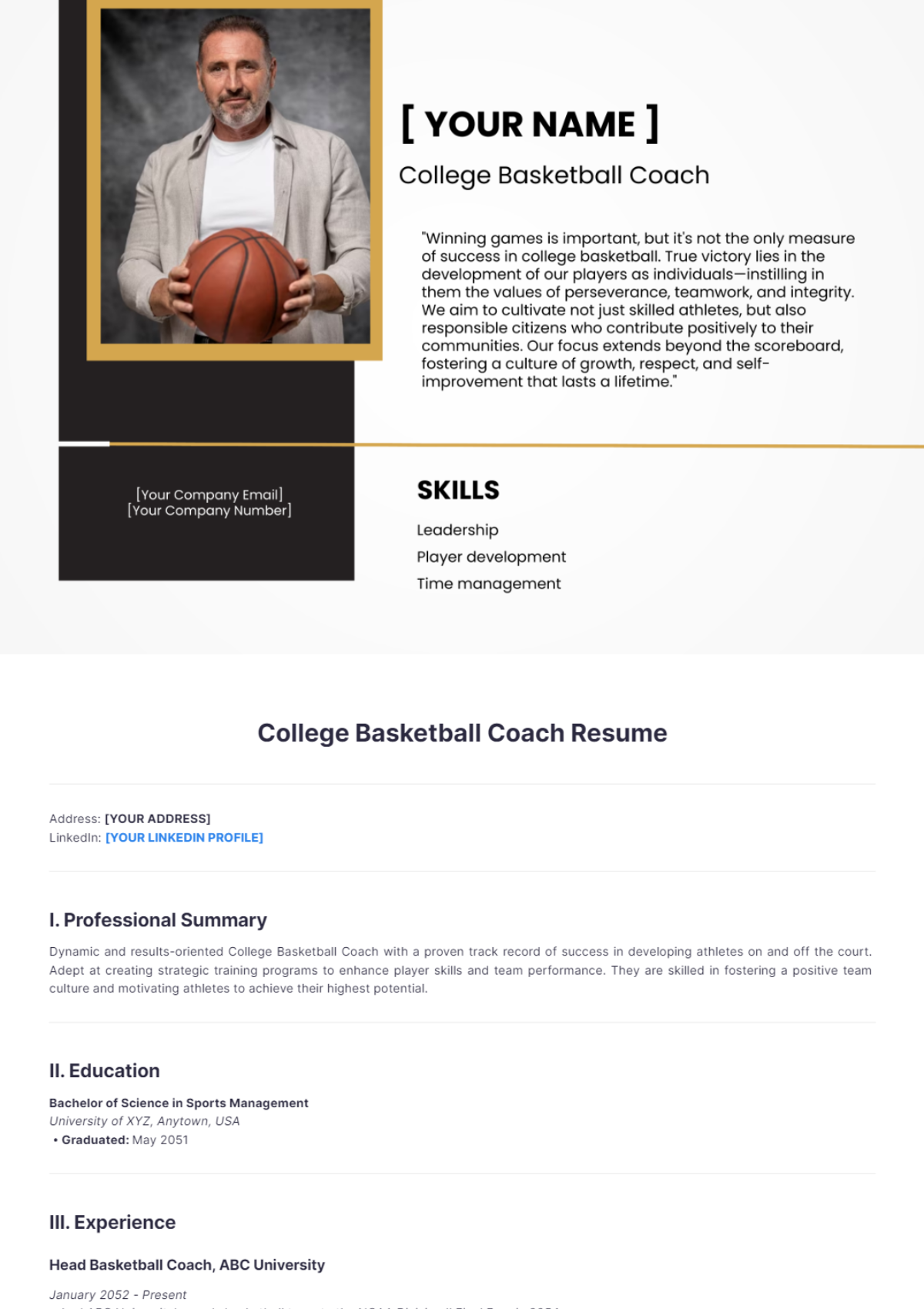 Free College Basketball Coach Resume Template - Edit Online & Download ...