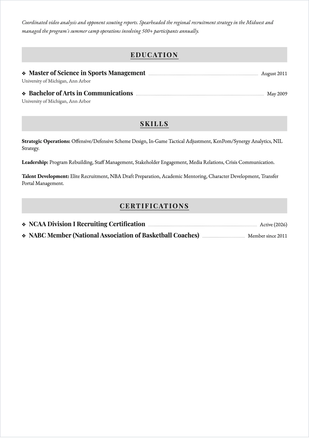Free College Basketball Coach ATS Resume Template, AI Resume Builder