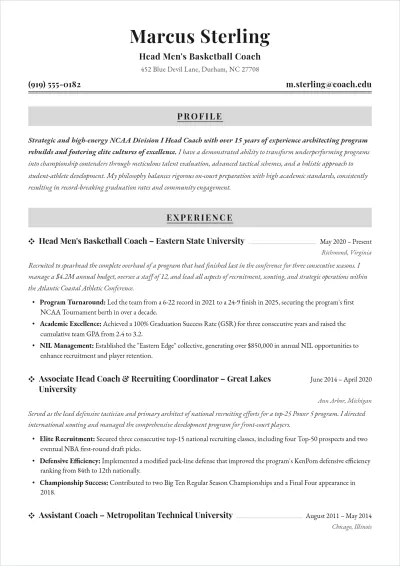 Free College Basketball Coach ATS Resume Template, AI Resume Builder