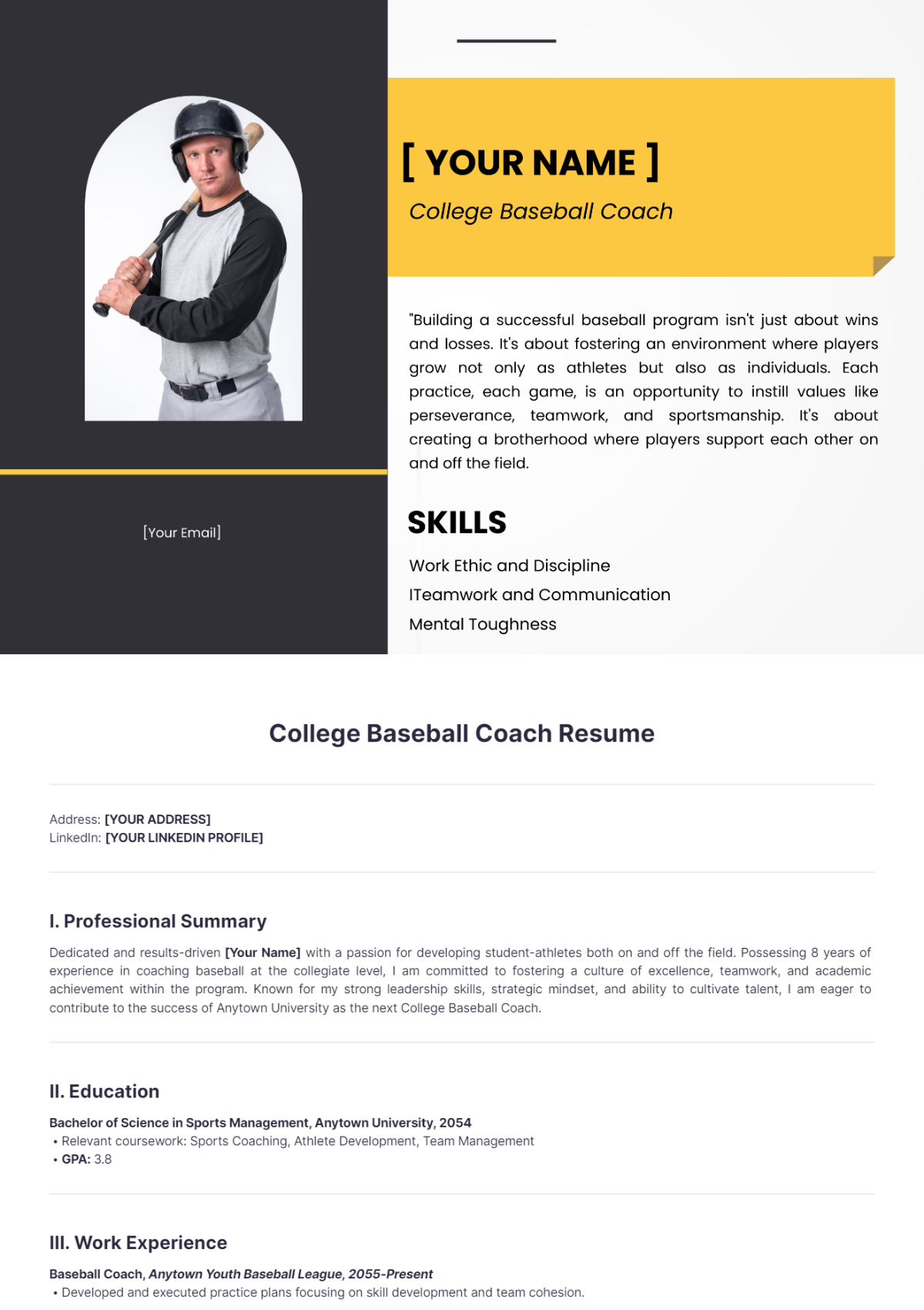 College Baseball Coach Resume - Edit Online & Download