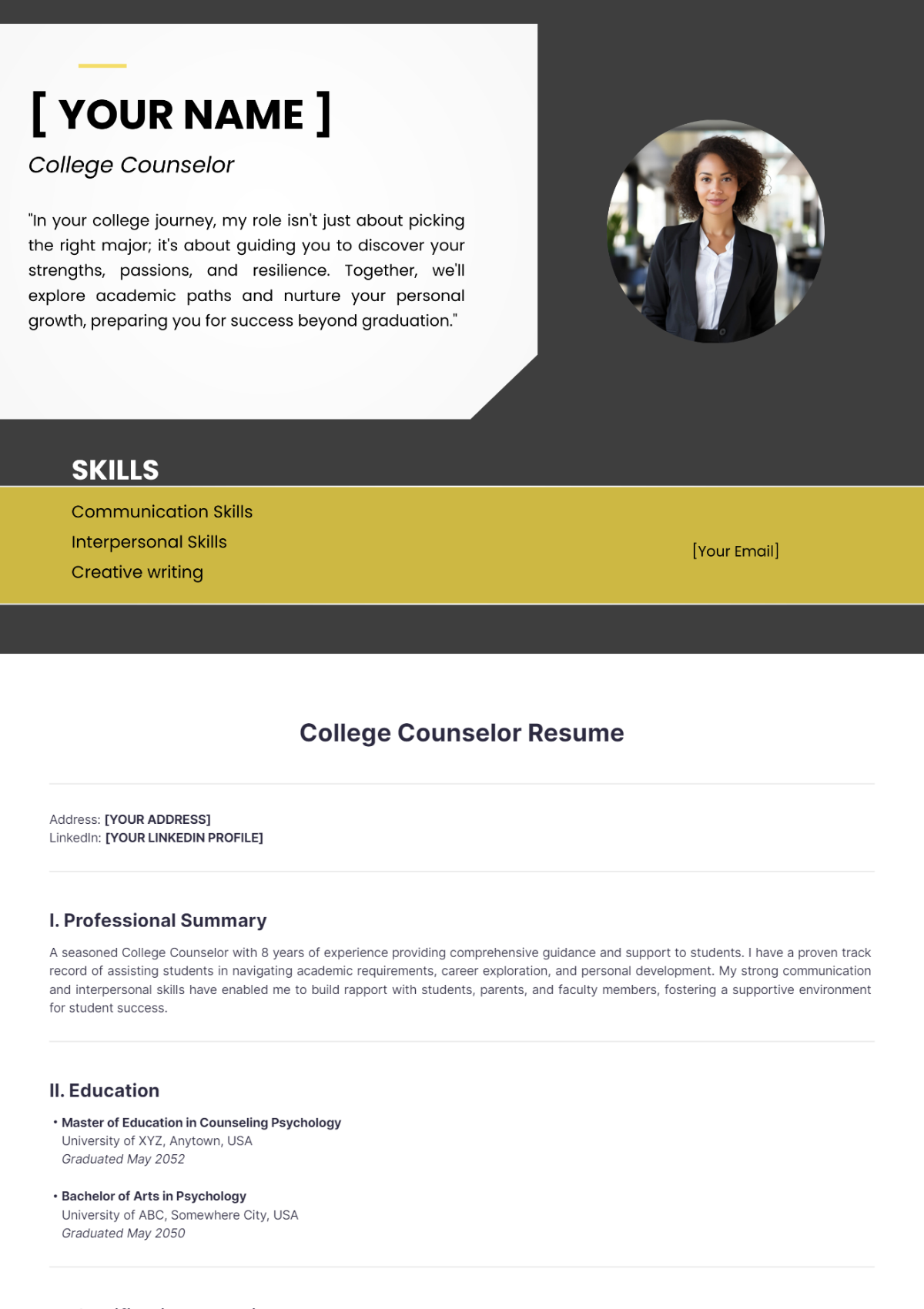 College Counselor Resume - Edit Online & Download