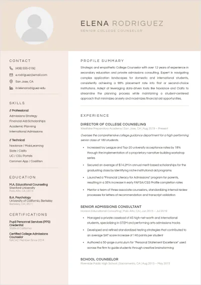 Free College Counselor ATS Resume Template, AI Resume Builder