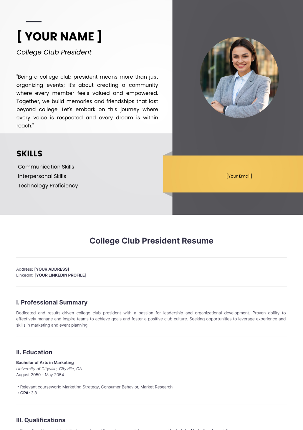 College Club President Resume - Edit Online & Download