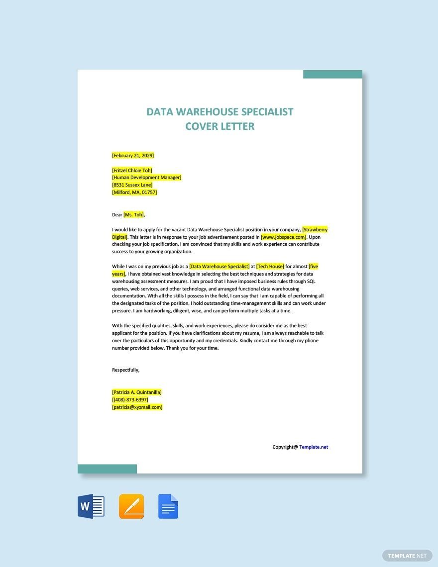 Data Warehouse Specialist Cover Letter
