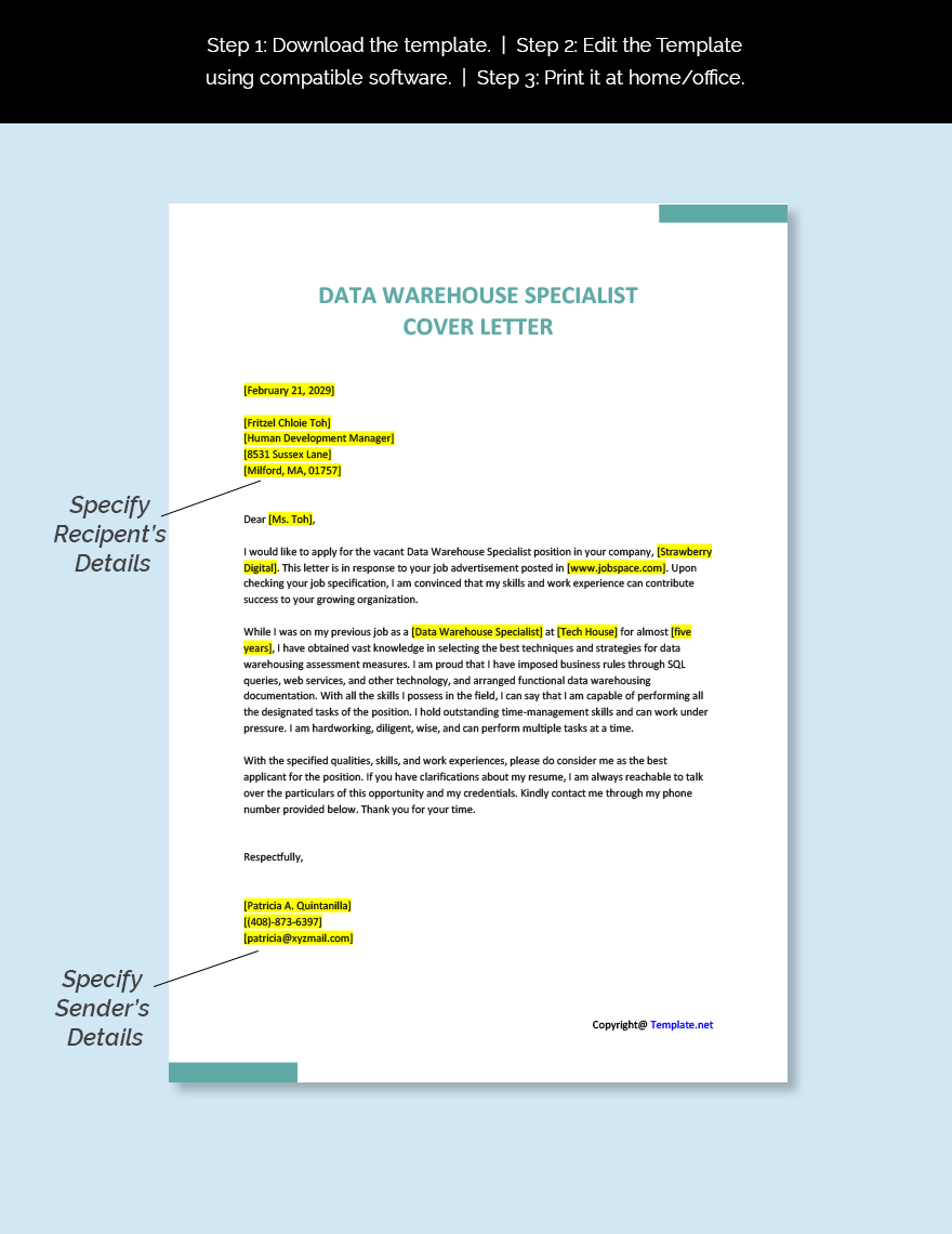 Data Warehouse Specialist Cover Letter