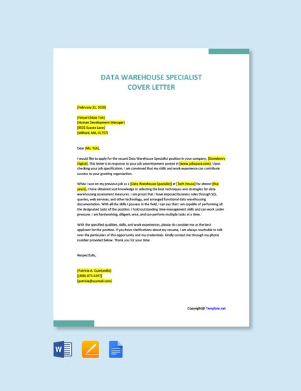 Data Warehouse Specialist Cover Letter Template [Free PDF] - Google ...