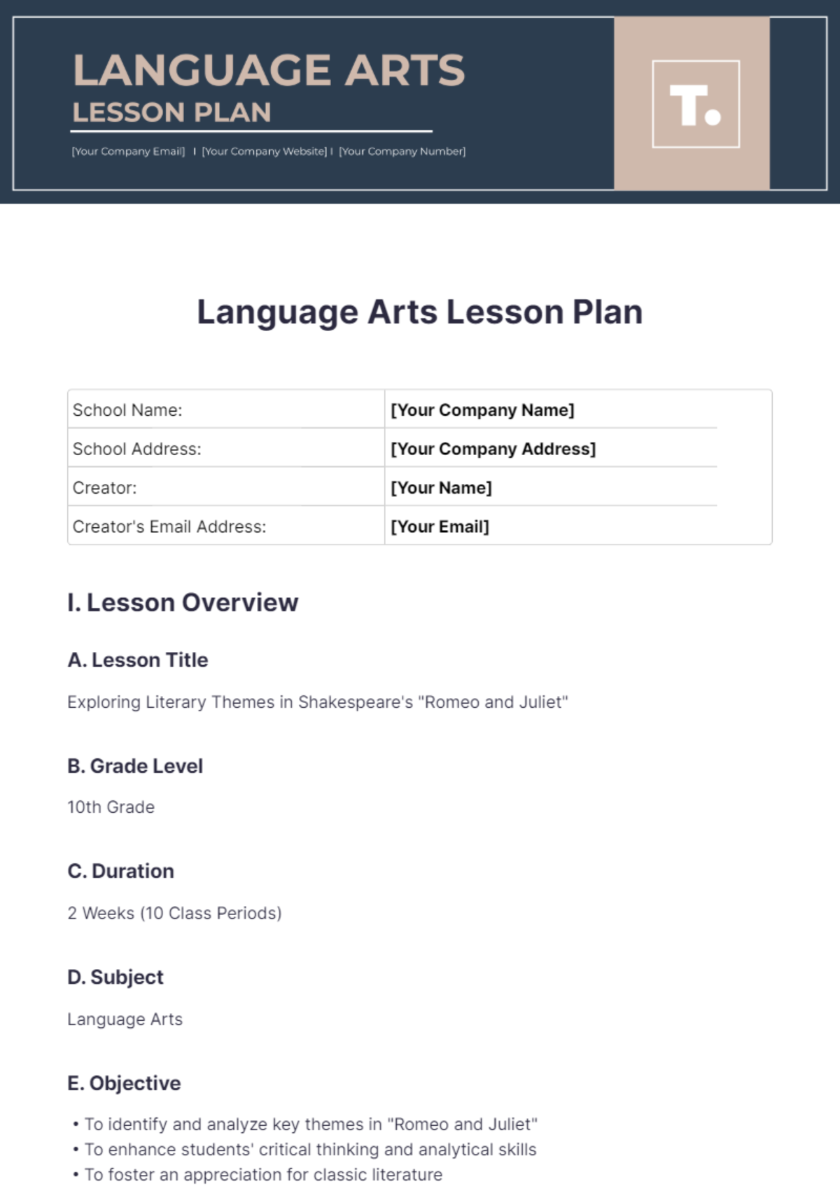 Language Arts Lesson Plan Template - Edit Online & Download