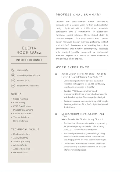 Free Interior Designer Fresher ATS Resume Template, AI Resume Builder