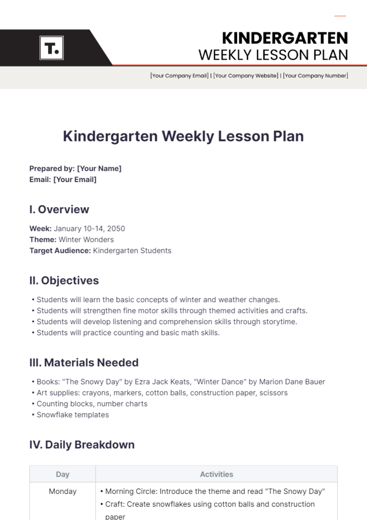 Kindergarten Weekly Lesson Plan Template - Edit Online & Download