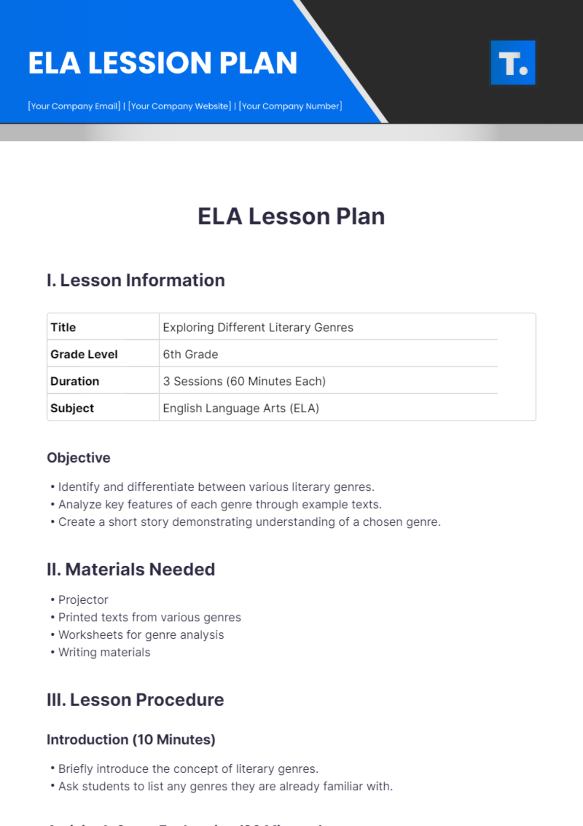 ELA Lesson Plan Template - Edit Online & Download