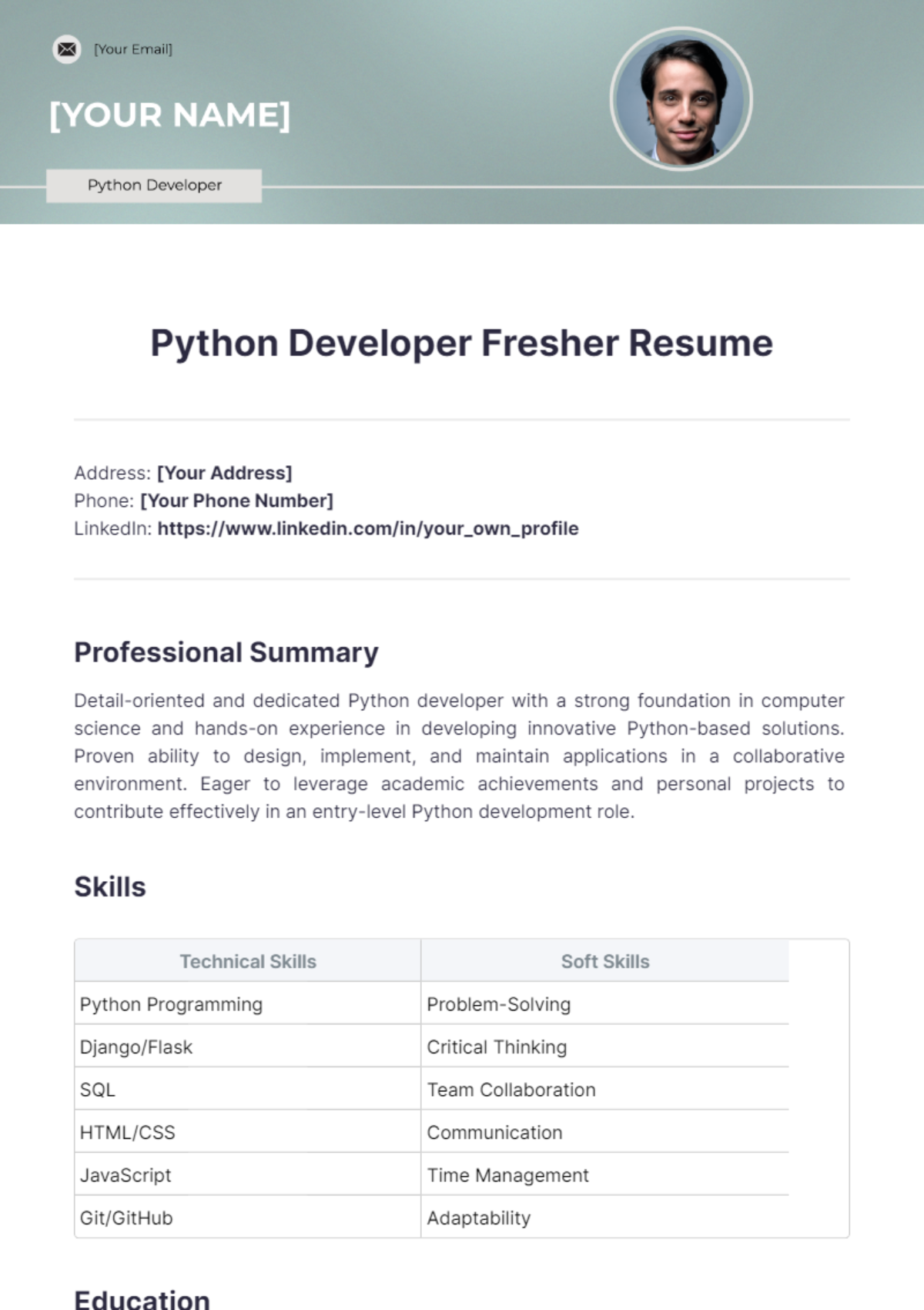 Free Python Developer Fresher Resume Template to Edit Online