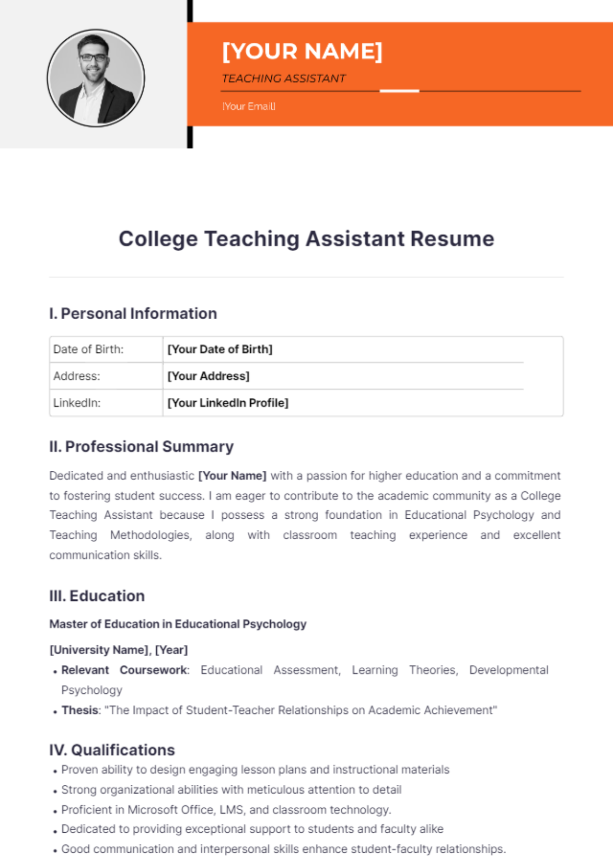 College Teaching Assistant Resume - Edit Online & Download