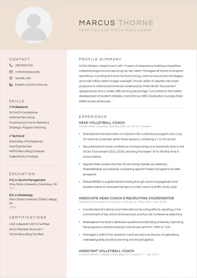 Free College Volleyball Coach ATS Resume Template, AI Resume Builder
