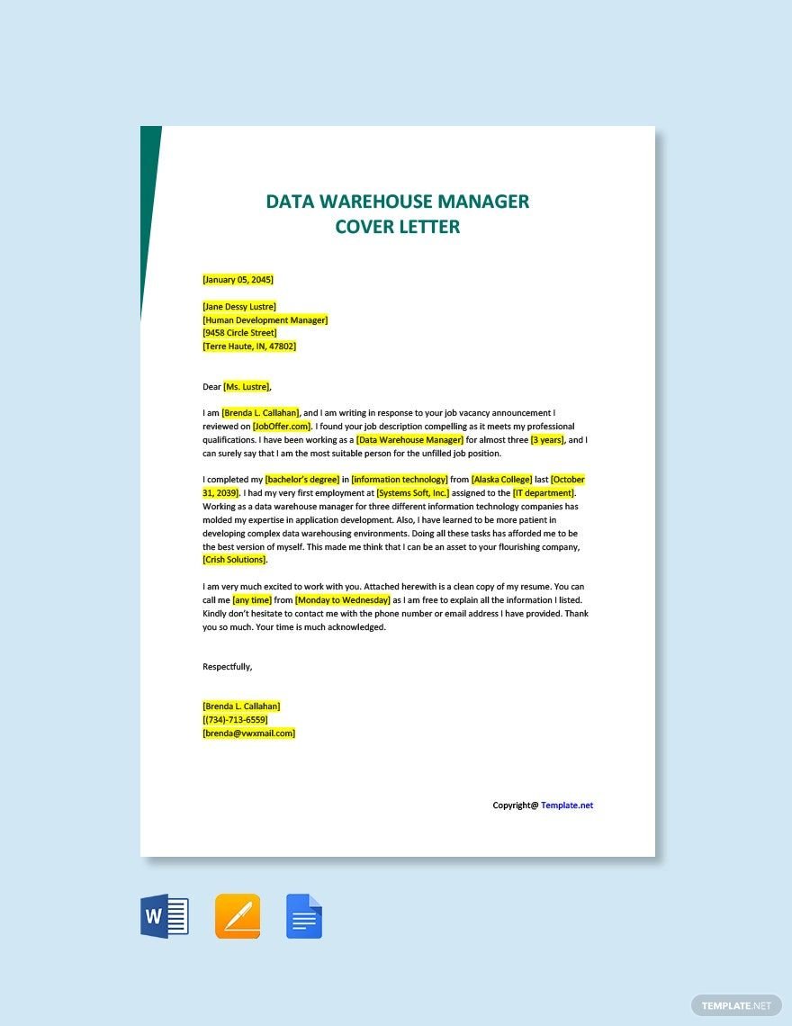 Data Warehouse Manager Cover Letter