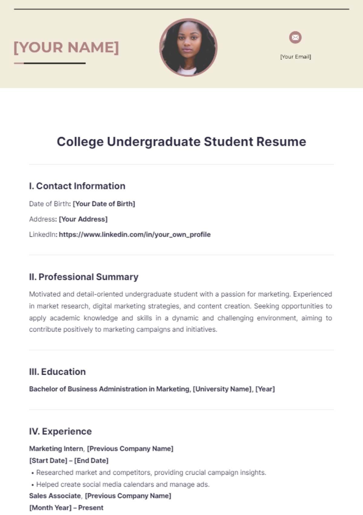 College Undergraduate Student Resume - Edit Online & Download