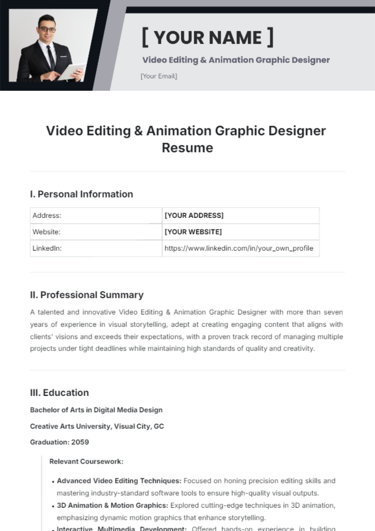 Video Editing & Animation Graphic Designer Resume Template - Edit Online & Download