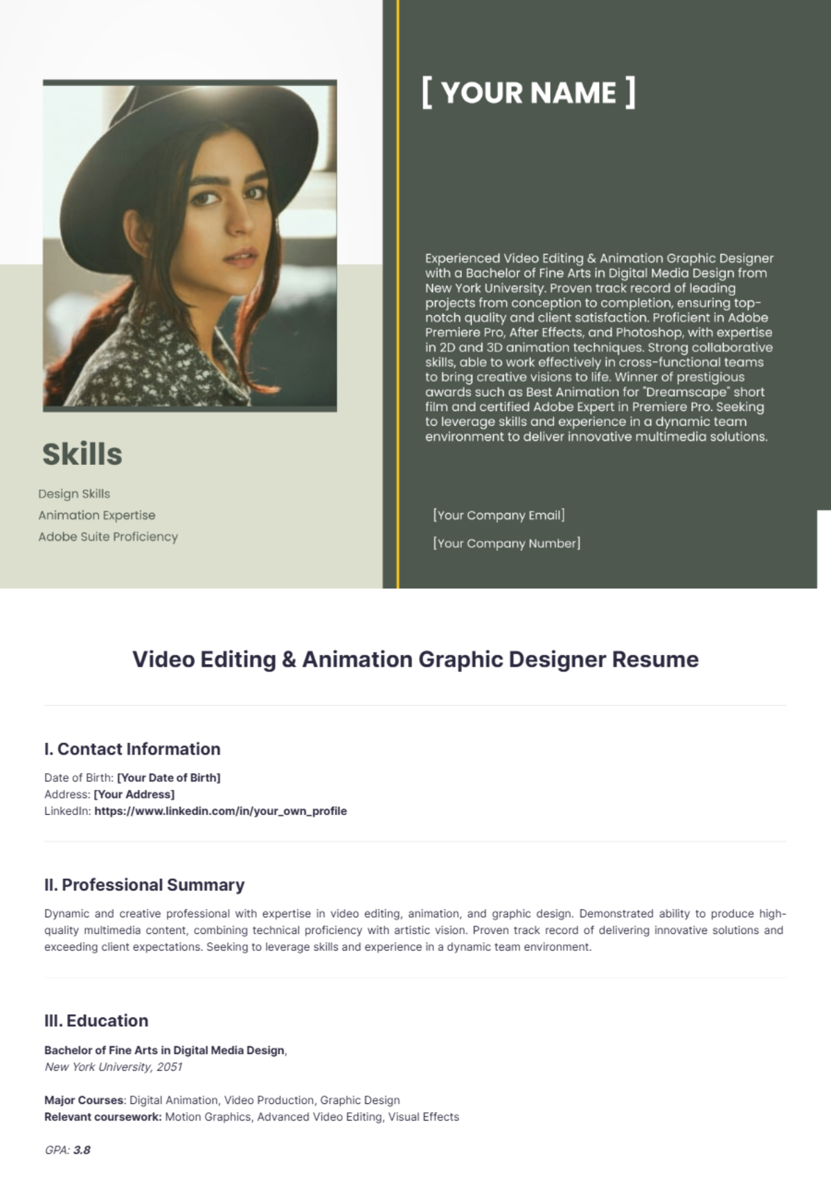 Free Video Editing & Animation Graphic Designer Resume