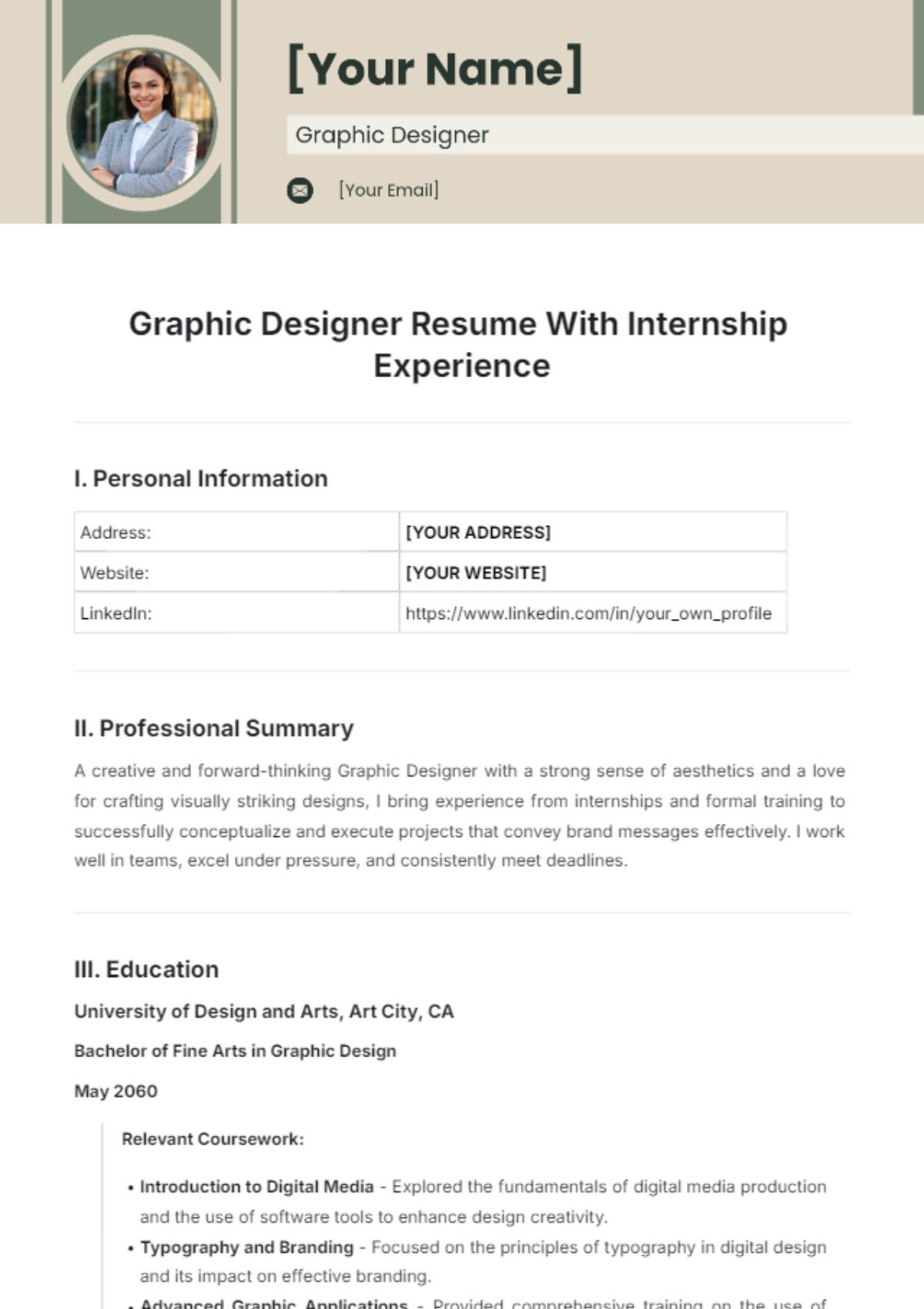 Graphic Designer Resume With Internship Experience Template - Edit Online & Download