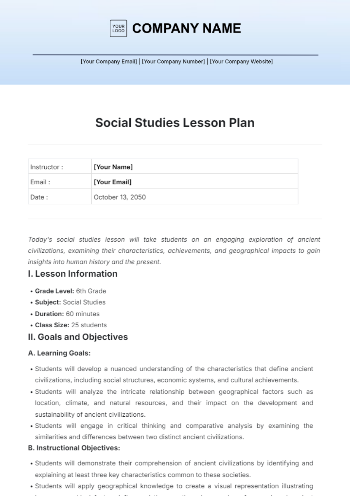 Social Studies Lesson Plan Template - Edit Online & Download