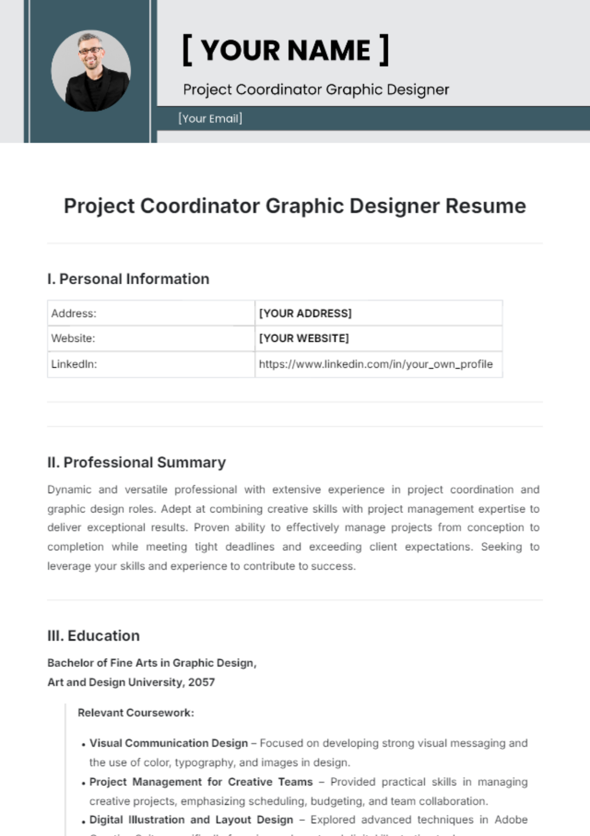 Project Coordinator Graphic Designer Resume Template - Edit Online & Download