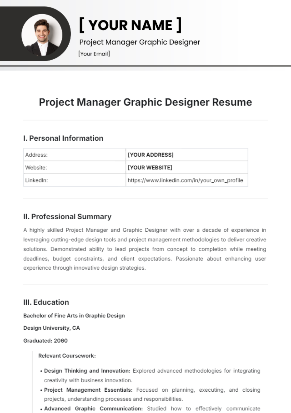 Project Manager Graphic Designer Resume Template - Edit Online & Download