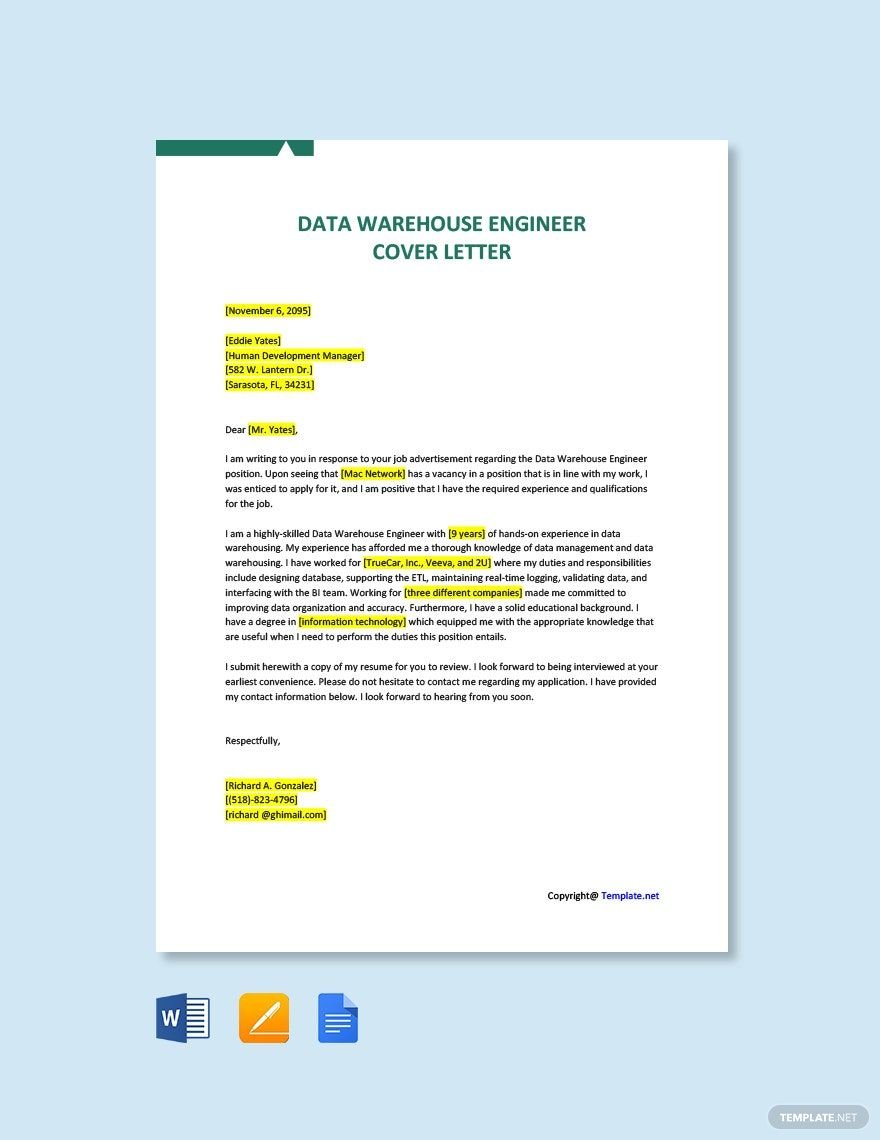 Data Warehouse Engineer Cover Letter