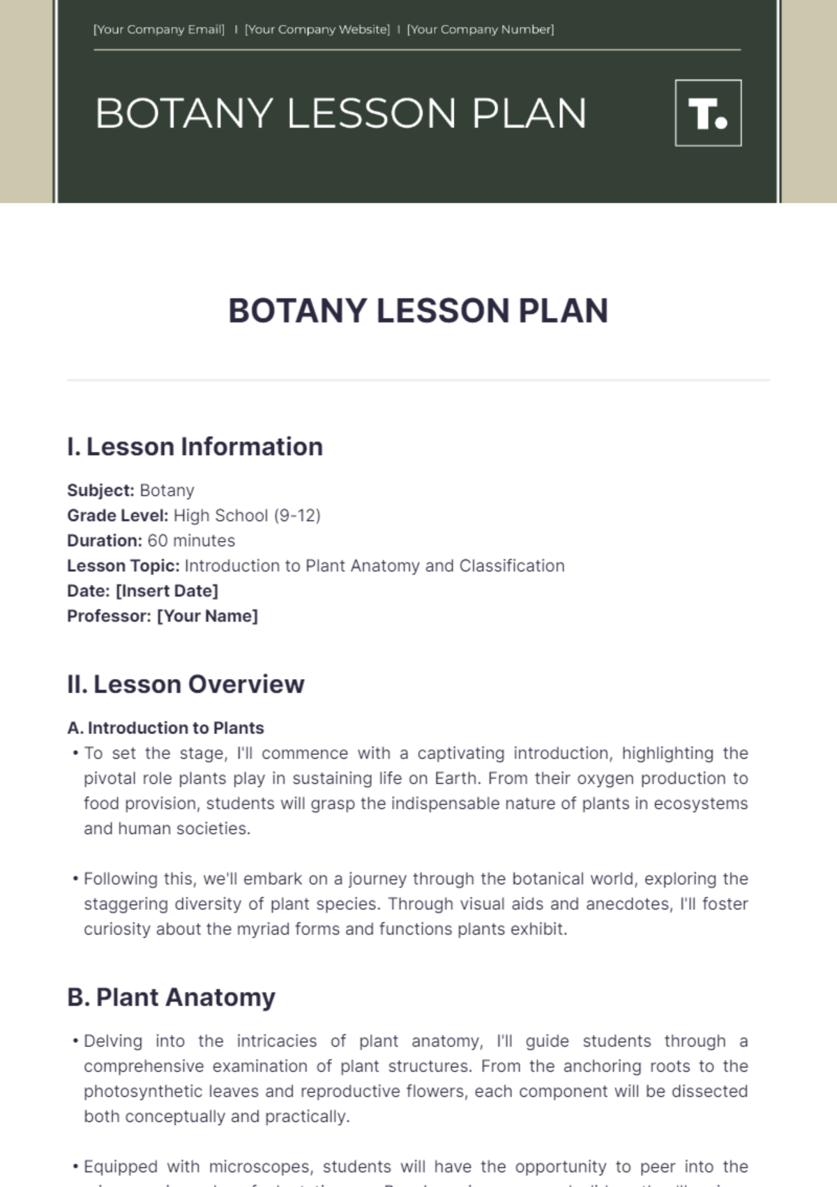 Botany Lesson Plan Template - Edit Online & Download