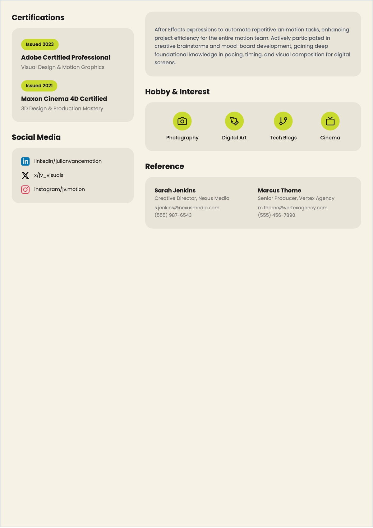 Free Motion Graphic Design ATS Resume Template, AI Resume Builder