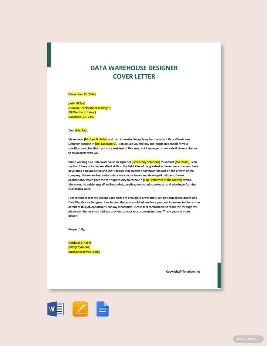 Data Warehouse Designer Cover Letter