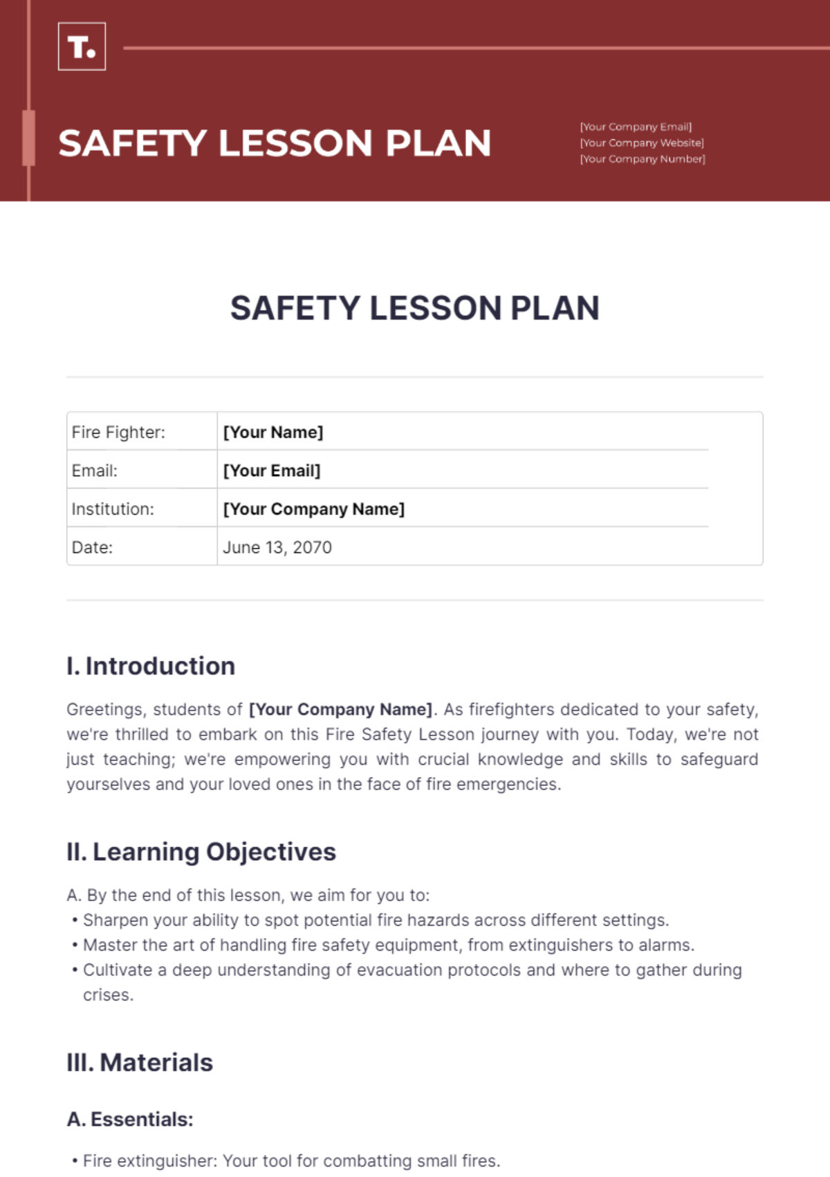 Safety Lesson Plan Template - Edit Online & Download