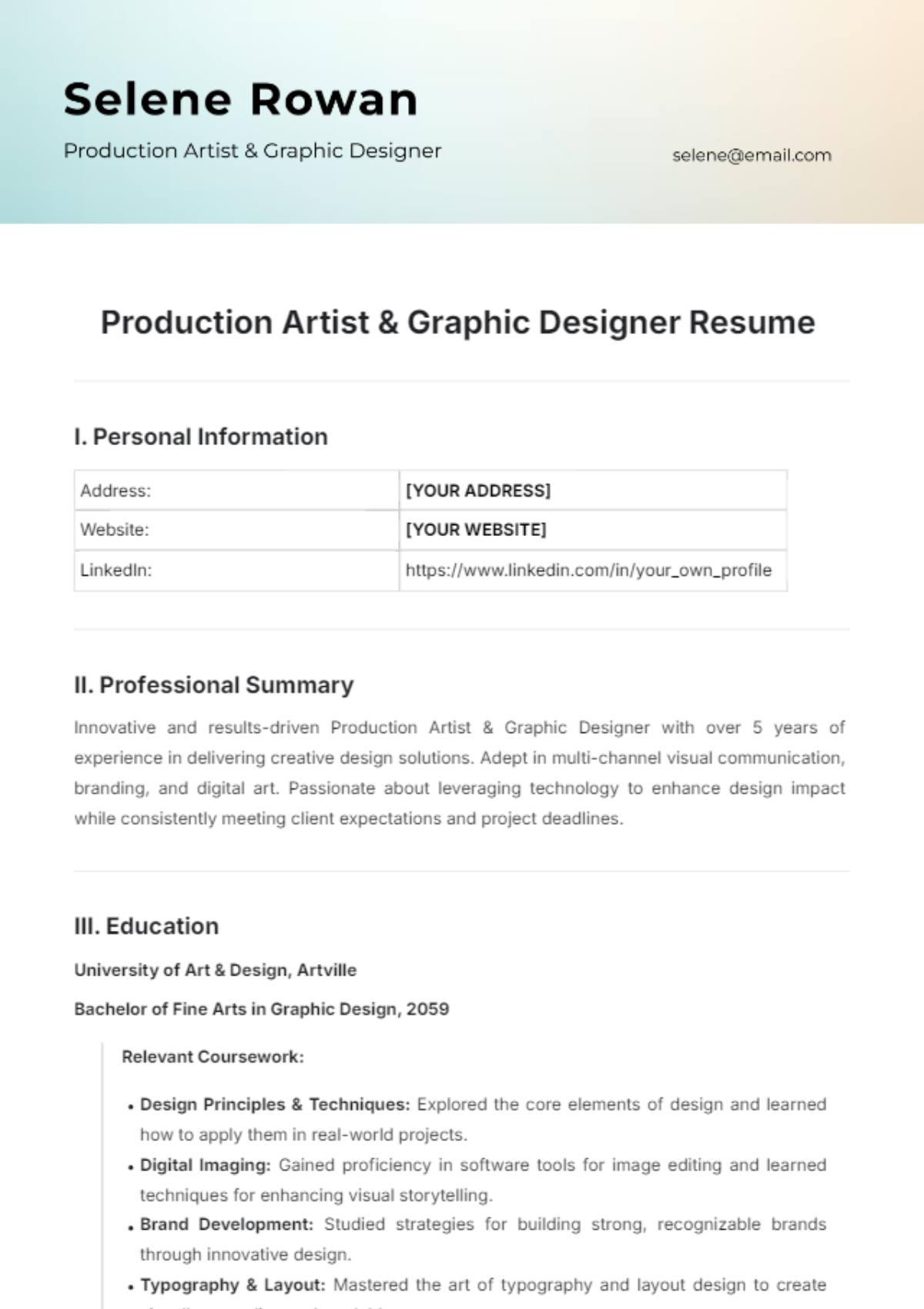 Production Artist & Graphic Designer Resume Template - Edit Online & Download