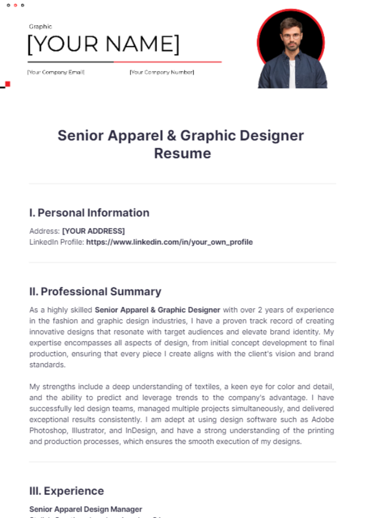 Free Senior Apparel & Graphic Designer Resume