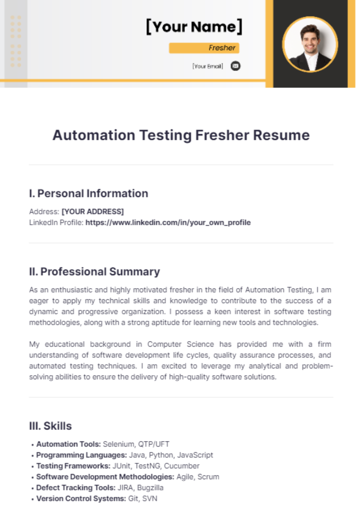 Free Automation Testing Fresher Resume Template to Edit Online