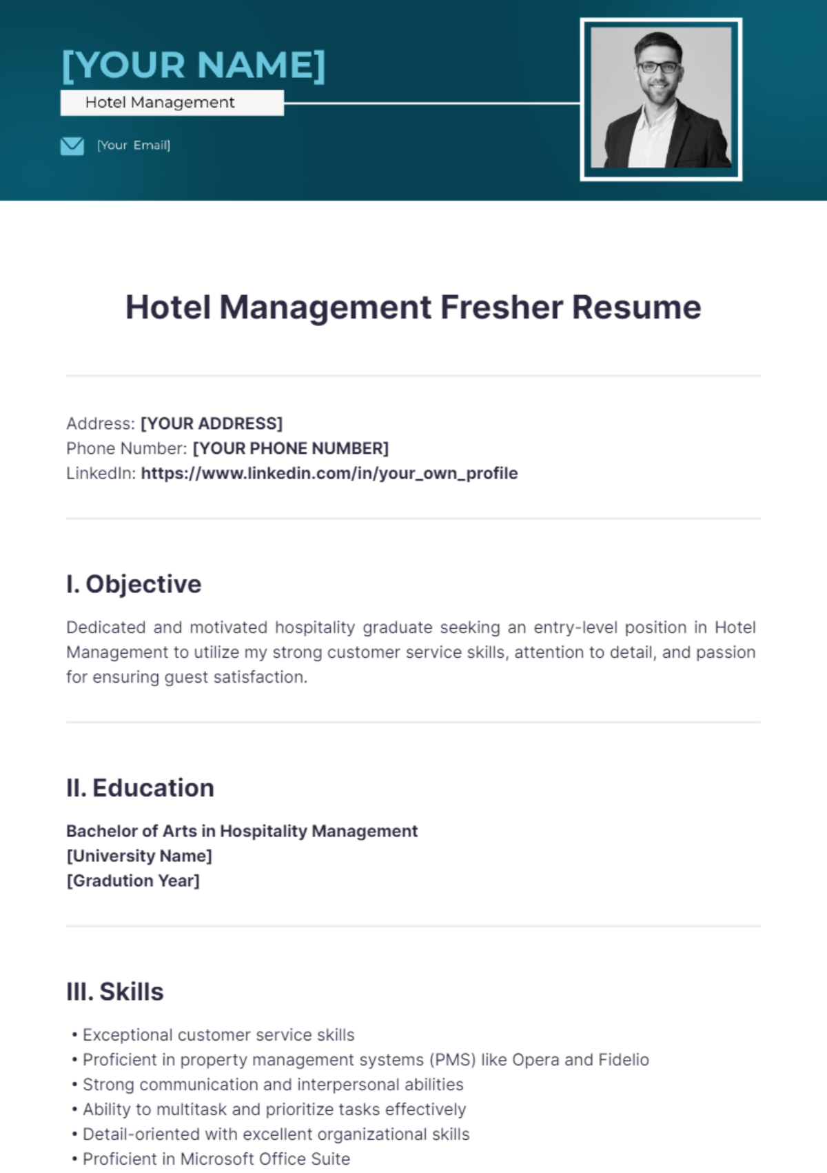 Hotel Management Fresher Resume