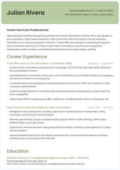 Free Hotel Management Fresher ATS Resume Template, AI Resume Builder
