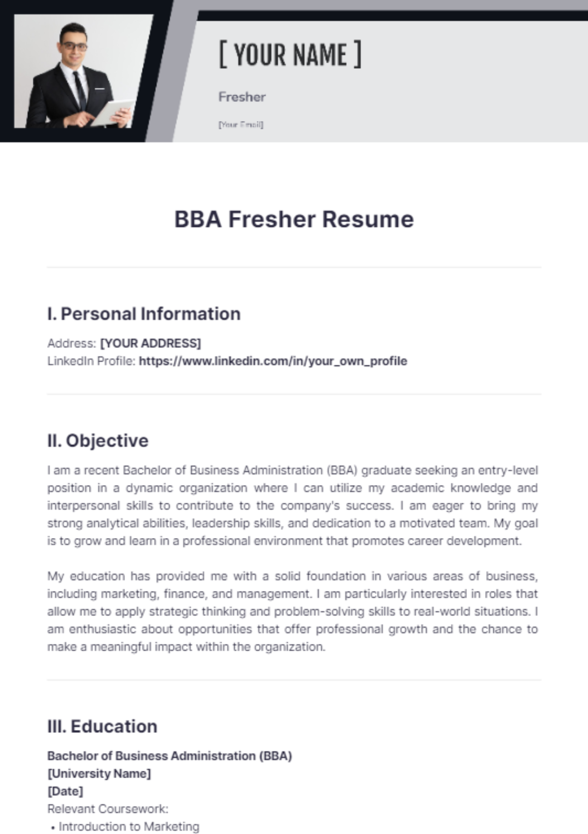 BBA Fresher Resume