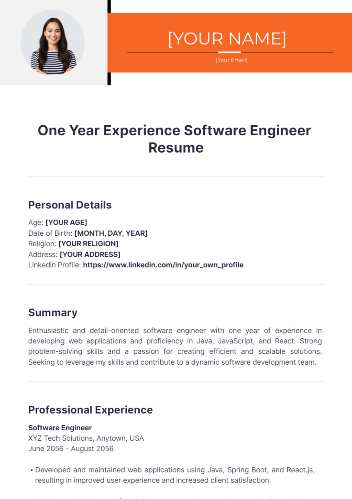 One Year Experience Software Engineer Resume - Edit Online & Download