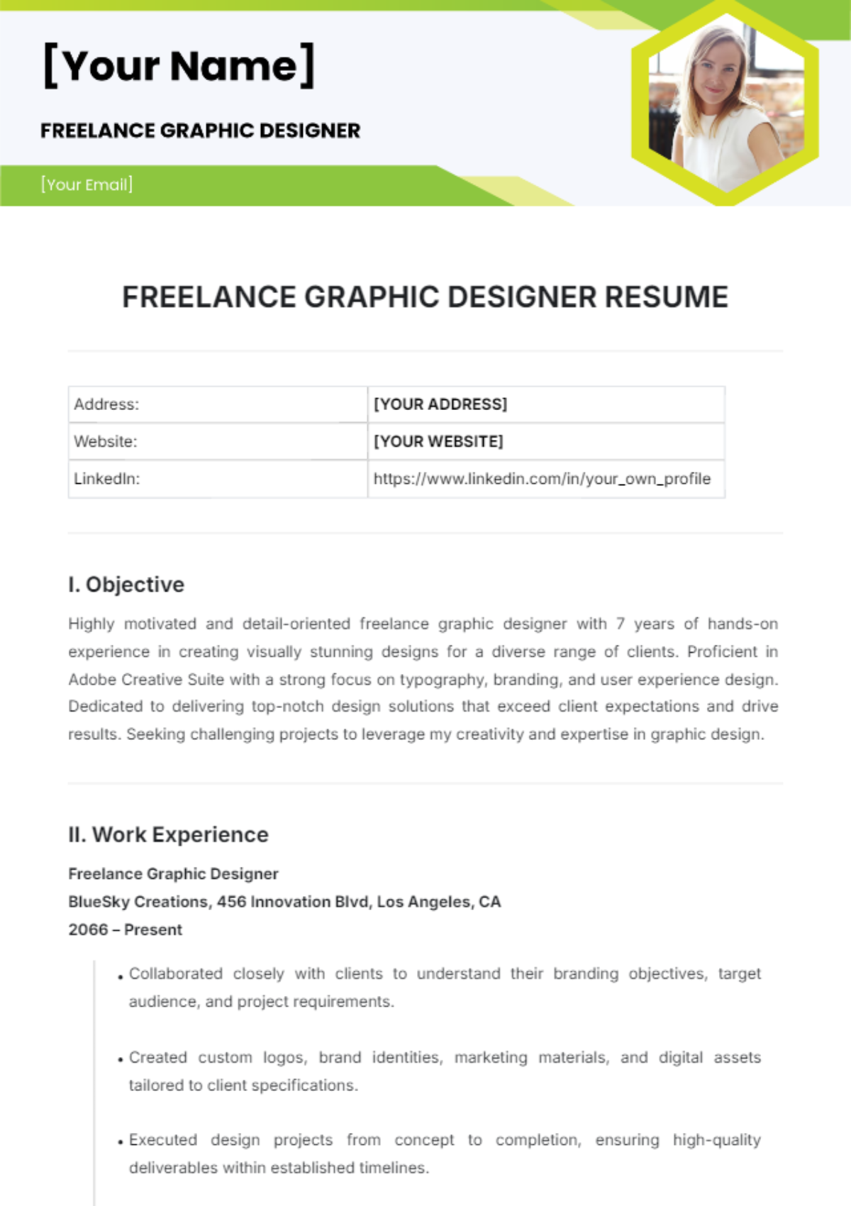 Freelance Graphic Designer Resume Template - Edit Online & Download