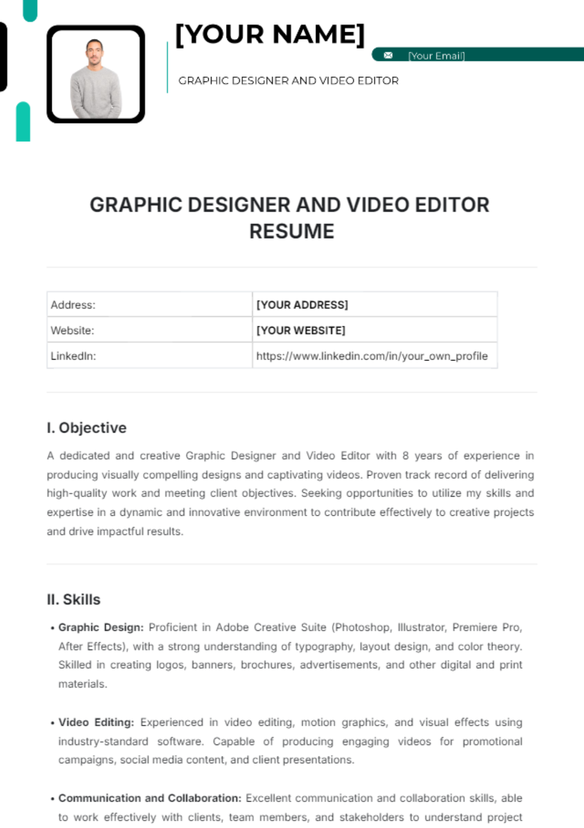 Graphic Designer And Video Editor Resume Template - Edit Online & Download