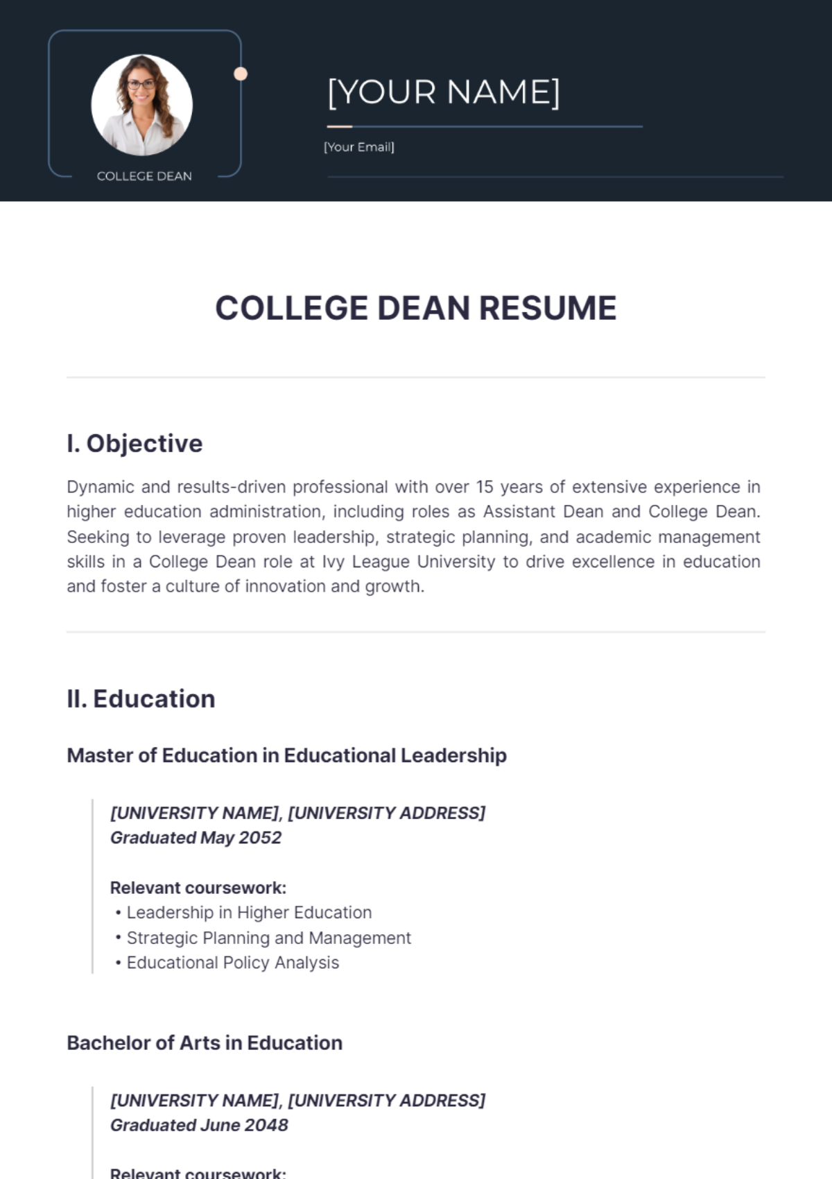 College Dean Resume - Edit Online & Download