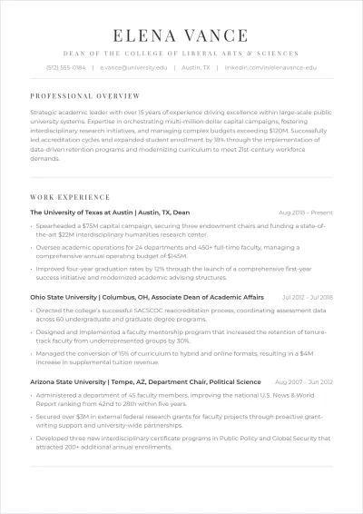 Free College Dean ATS Resume Template, AI Resume Builder