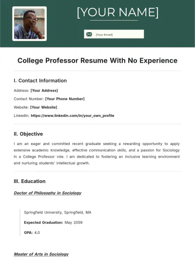 Free College Professor ATS Resume With No Experience Template