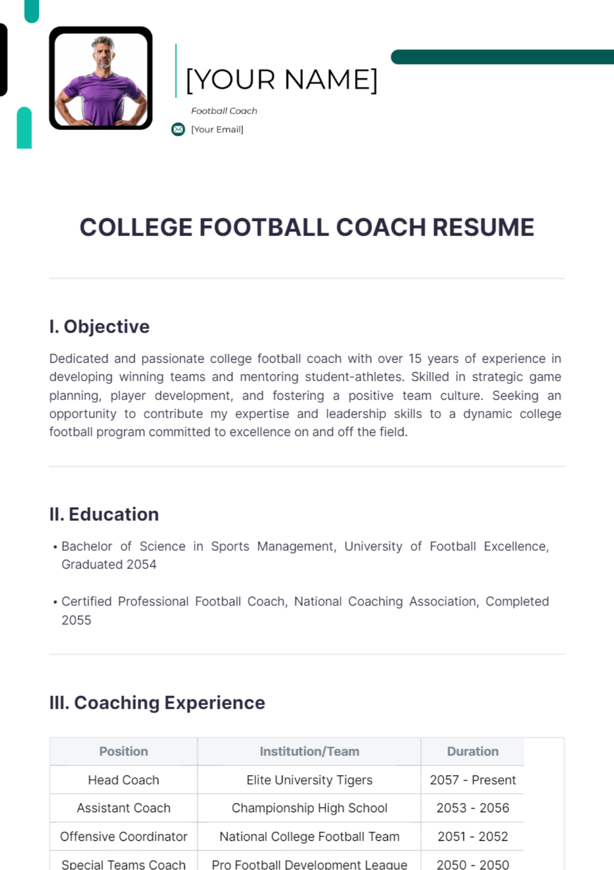 Free College Football Coach Resume Template - Edit Online & Download ...