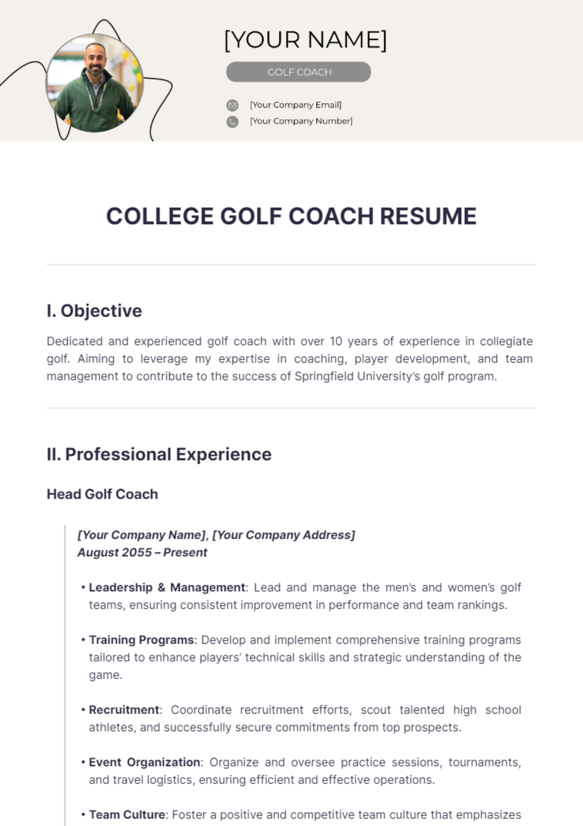 College Golf Coach Resume