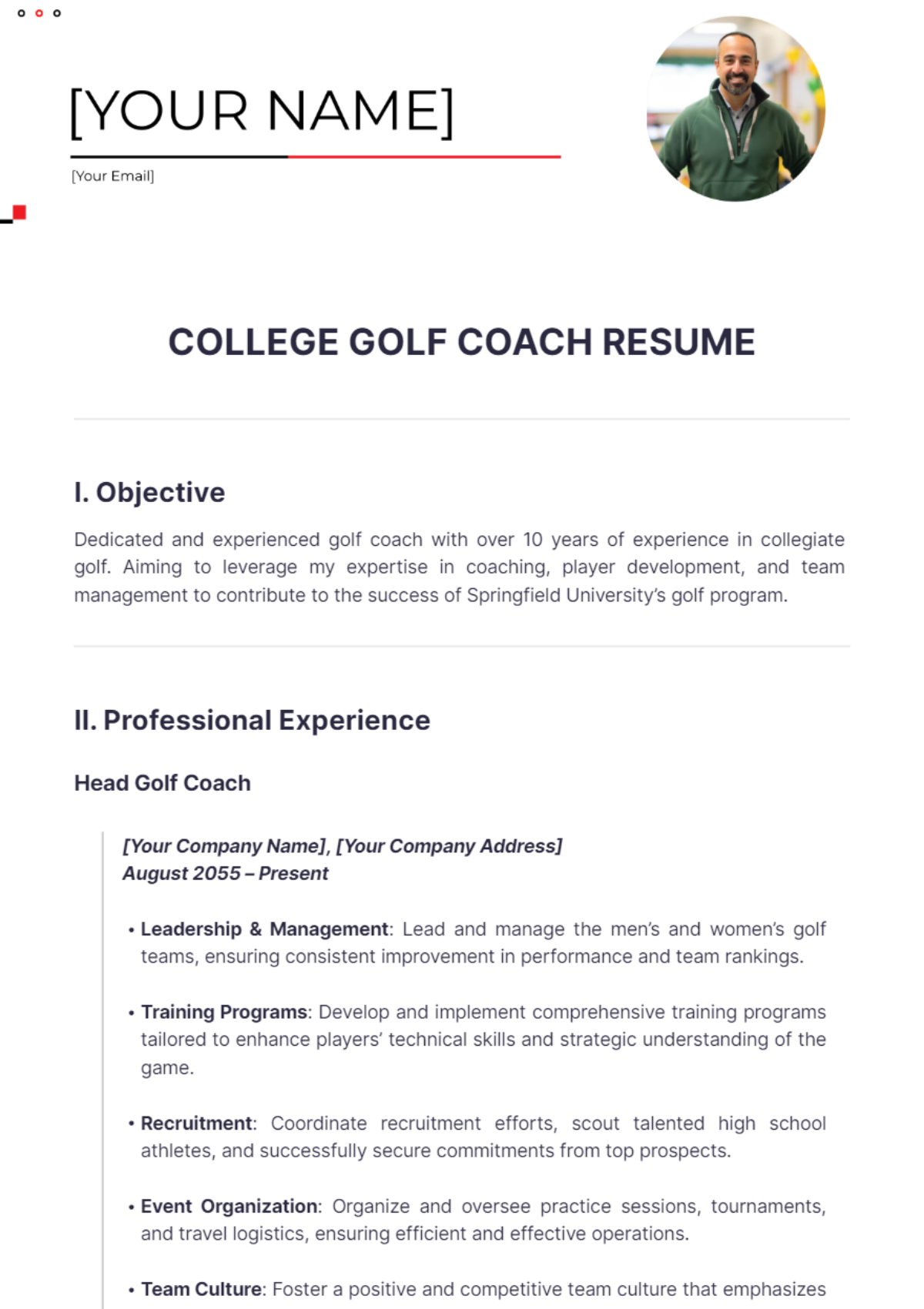 College Golf Coach Resume - Edit Online & Download